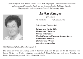 Traueranzeige von Erika Karger 