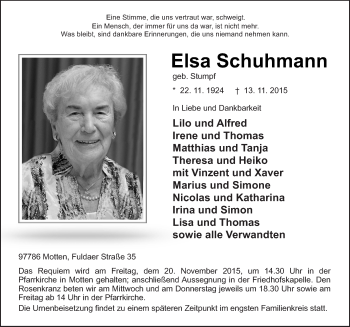 Traueranzeige von Elsa Schuhmann 