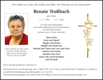 Traueranzeige von Renate Troßbach 