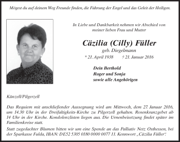 Traueranzeige von Cäzilia Füller 