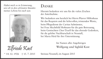 Traueranzeige von Elfriede Kast 