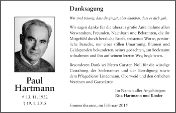 Traueranzeige von Paul Hartmann 