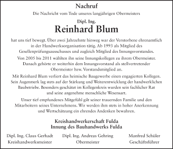 Traueranzeige von Reinhard Blum 