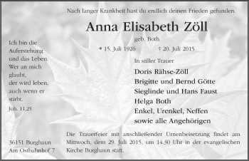 Traueranzeige von Anna Elisabeth Zöll 