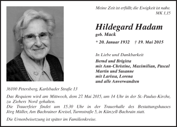 Traueranzeige von Hildegard Hadam 