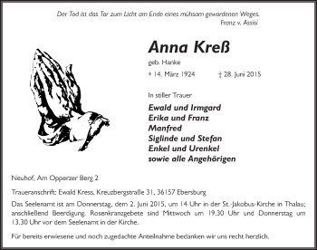 Traueranzeige von Anna Kreß 