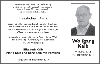 Traueranzeige von Wolfgang Kalb 