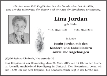 Traueranzeige von Lina Jordan 