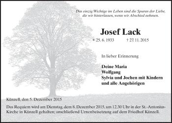 Traueranzeige von Josef Lack 