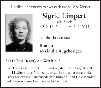 Traueranzeige von Sigrid Limpert 
