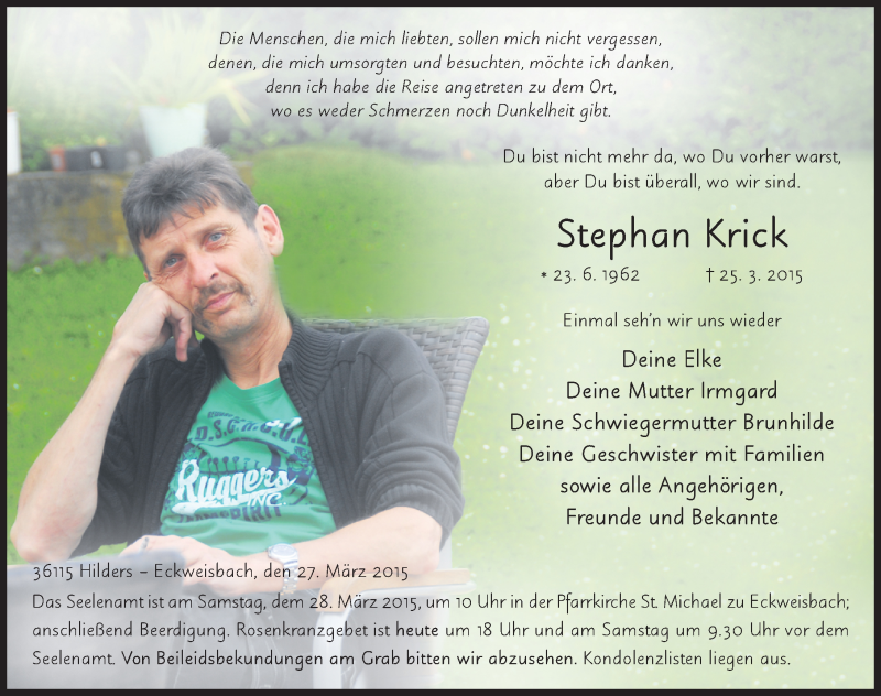  Traueranzeige für Stephan Krick vom 27.03.2015 aus 