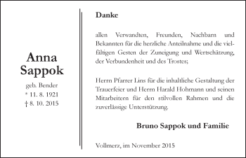 Traueranzeige von Anna Sappok 