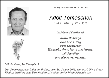Traueranzeige von Adolf Tomaschek 