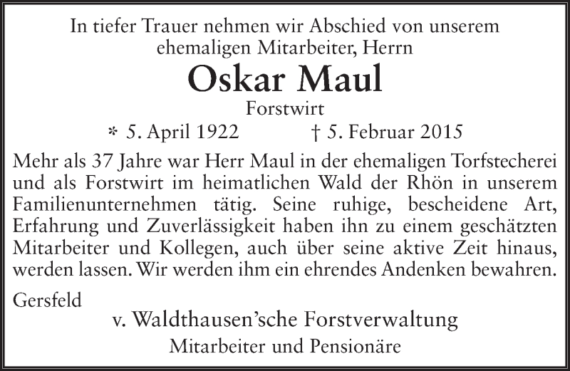  Traueranzeige für Oskar Maul vom 21.02.2015 aus 