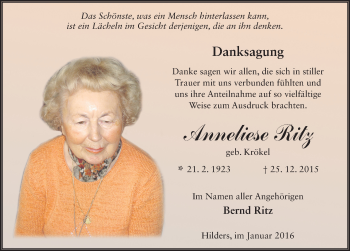 Traueranzeige von Anneliese Ritz 