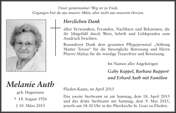 Traueranzeige von Melanie Auth 