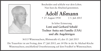 Traueranzeige von Adolf Aßmann 