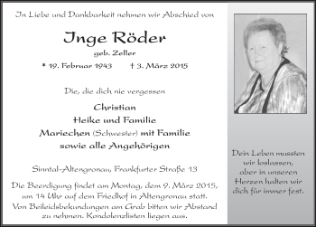 Traueranzeige von Inge Röder 