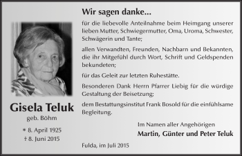 Traueranzeige von Gisela Teluk 