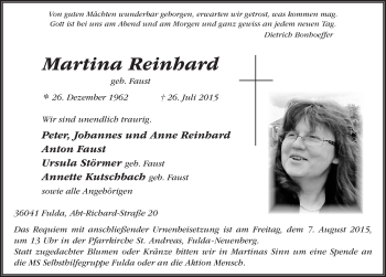 Traueranzeige von Martina Reinhard 