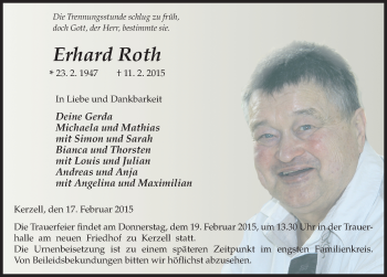 Traueranzeige von Erhard Roth 