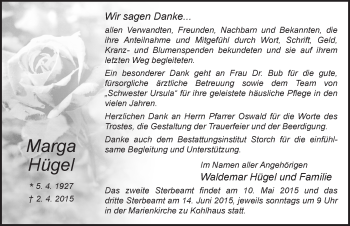 Traueranzeige von Marga Hügel 
