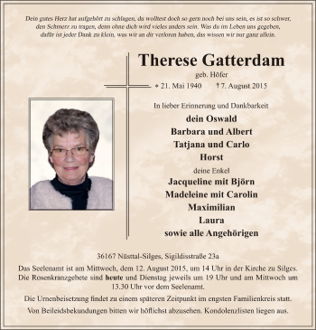 Traueranzeige von Therese Gatterdam 