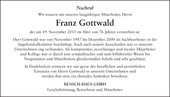 Traueranzeige von Franz Gottwald 