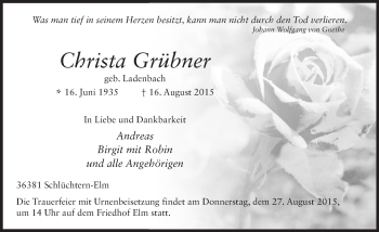 Traueranzeige von Christa Grübner 