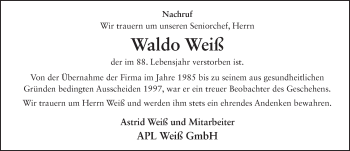 Traueranzeige von Waldo Weiß 