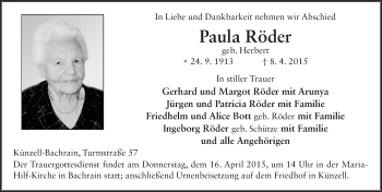 Traueranzeige von Paula Röder 