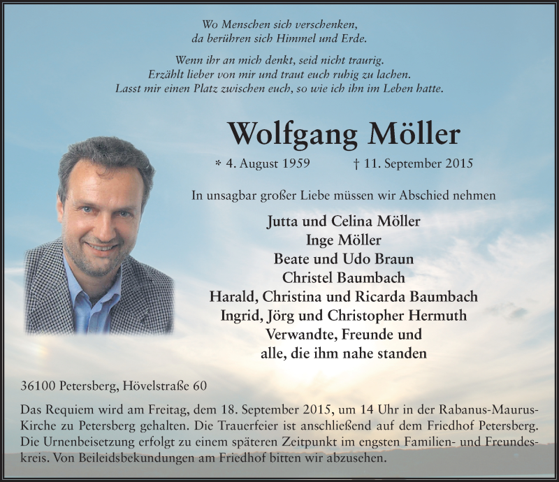  Traueranzeige für Wolfgang Möller vom 16.09.2015 aus 