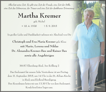 Traueranzeige von Martha Kremer 
