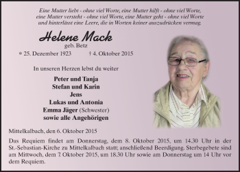 Traueranzeige von Helene Mack 