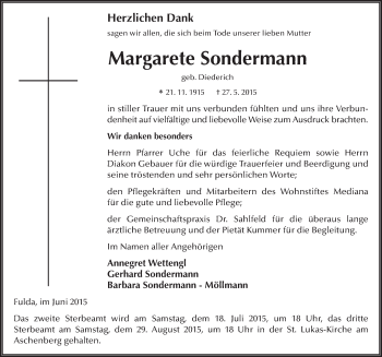 Traueranzeige von Margarete Sondermann 
