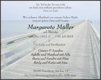 Traueranzeige von Margarete Müller 