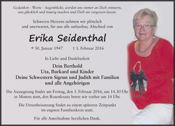 Traueranzeige von Erika Seidenthal 