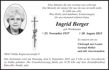 Traueranzeige von Ingrid Berger 