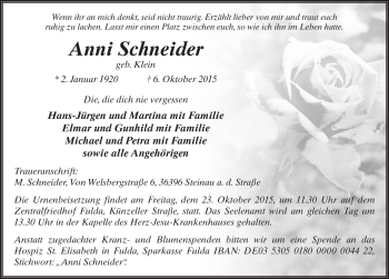 Traueranzeige von Anni Schneider 
