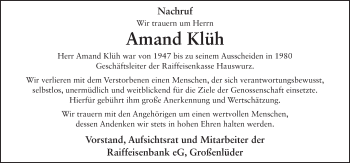 Traueranzeige von Aman Klüh 