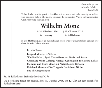 Traueranzeige von Wilhelm Monz 