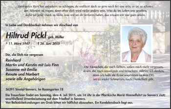 Traueranzeige von Hiltrud Pickl 