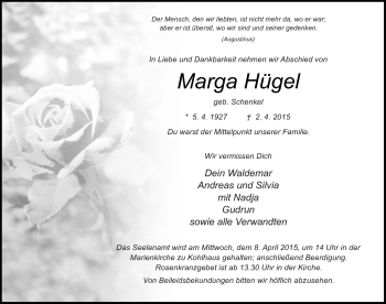 Traueranzeige von Marga Hügel 