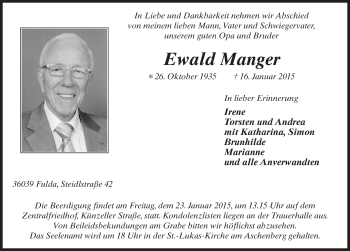 Traueranzeige von Ewald Manger 