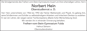 Traueranzeige von Norbert Hein 