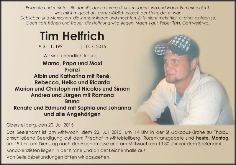  Traueranzeige für Tim Helfrich vom 20.07.2015 aus 