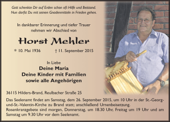 Traueranzeige von Horst Mehler 