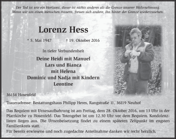 Traueranzeige von Lorenz Hess 