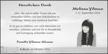 Traueranzeige von Melissa Yilmaz 