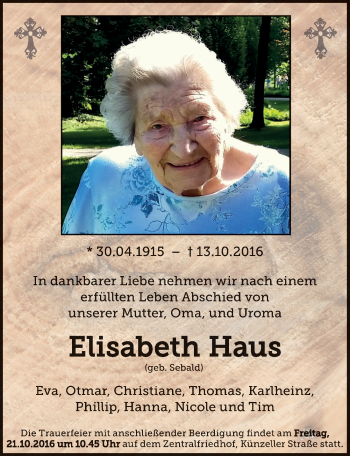 Traueranzeige von Elisabeth Haus 